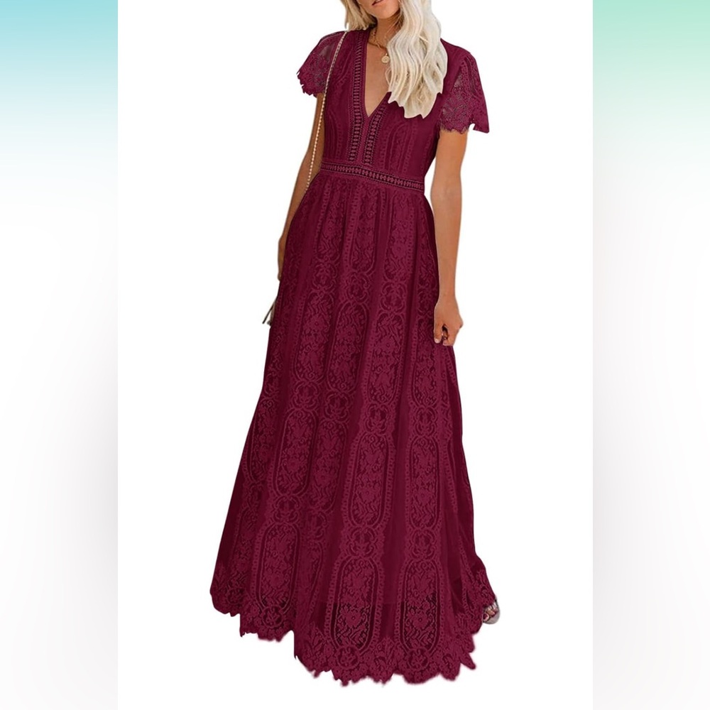 Women's Boho V Neck Floral Lace Dress-Burgundy